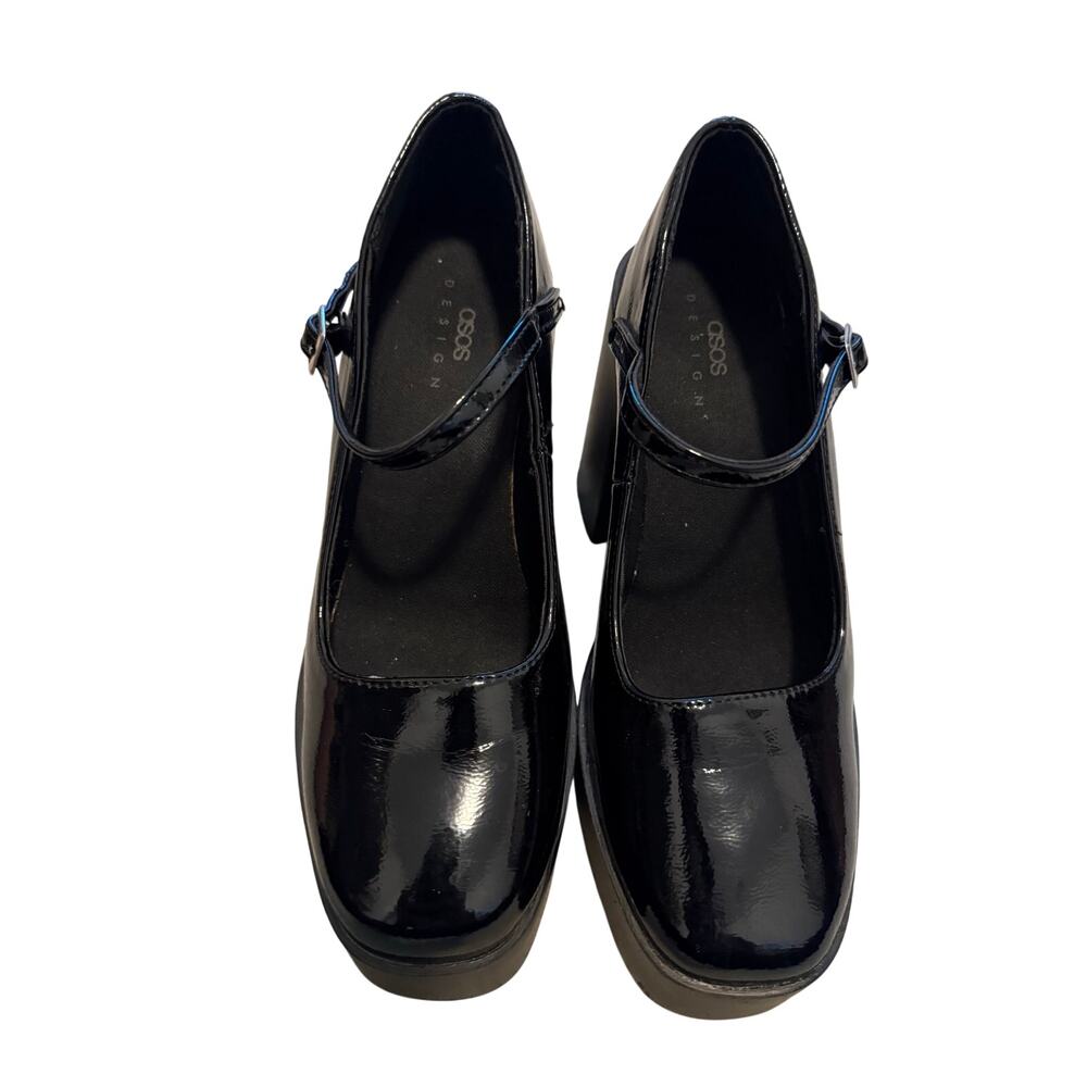 ASOS DESIGN Black Patent Platform Mary Jane Heels Chunky Block Heel Square Toe